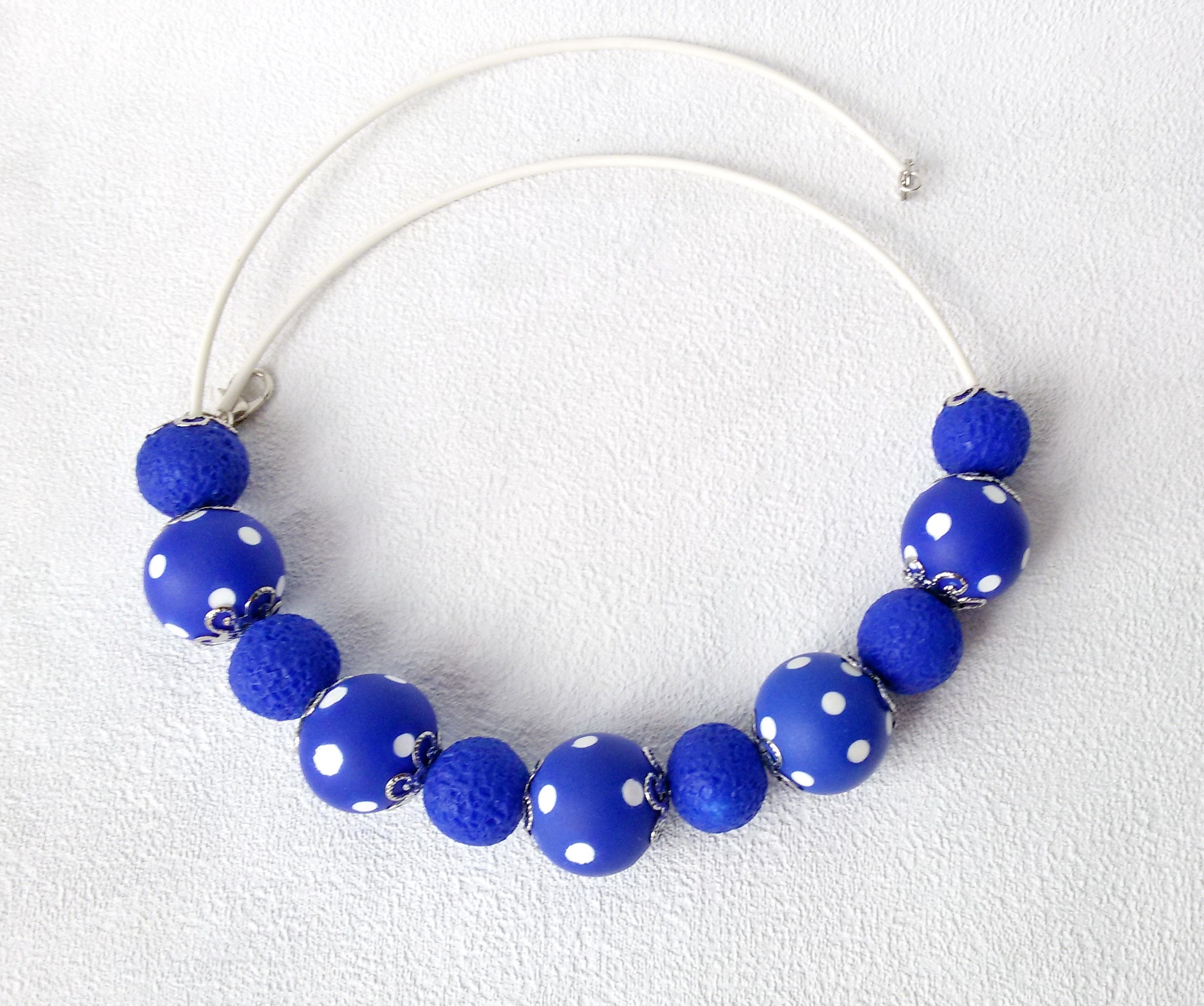 Beaded Necklace Blue and White Polka Dot Jewelry Elegant Women Etsy