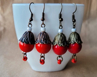 bright red dangle earrings bells jewelry cute earrings everyday long earrings red jewelry gift for her valentine's gift holiday jewelry