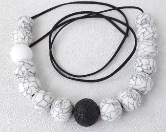 white faux howlite necklace matte round stone imitation polymer clay jewelry white black beaded statement necklace gifts for mom handmade