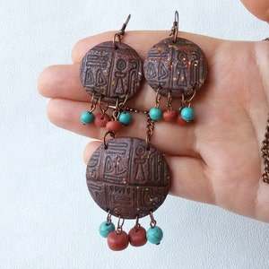Egyptian symbols pendant earrings rustic boho set necklace jewelry women gift handcrafted earrings polymer clay jewelry faux coral turquoise