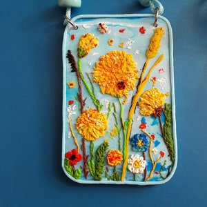large blue pendant yellow flowers jewelry wildflowers necklace polymer clay cute pendant Fancy women gift to sister jewelry dandelion beauty
