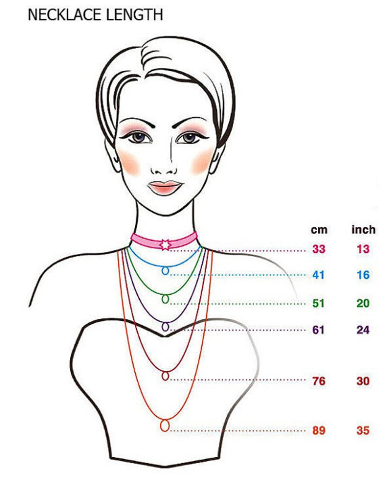 May include: Diagram showing different necklace lengths in inches and centimeters. The illustration shows a woman wearing necklaces of various lengths, with corresponding measurements in inches and centimeters.