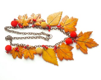 Yellow red necklace Autumn leaf fall jewelry Bib necklace maple leaf Gift for wife Inspiration nature necklace statement Canada maple leaves