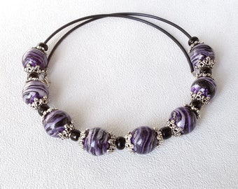 dark purple necklace chunky statement big bead jewelry purple black white large beads bib necklace polymer clay beaded necklaces for women