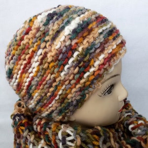 May include: A colorful knitted hat and matching scarf in shades of brown, orange, red, green, and white. The hat is made with a chunky yarn and has a simple design.