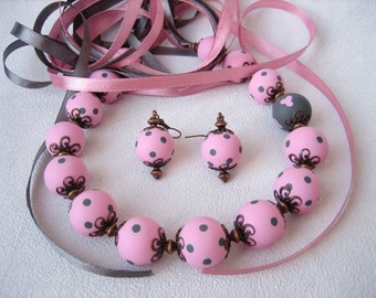 Rosa Grigio Polka Dot collana gioielli set romantico collana San Valentino regalo gioielli per le donne regalo per il suo grazioso rosa gioielli grigio Polka Dot