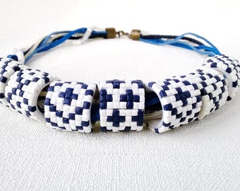 large beads necklace blue white jewelry chunky necklace tube beads necklace mosaic imitation blue accessories bib necklace artisan jewelry