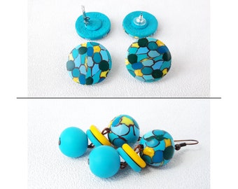 Set Dangle, studs, clip on earrings for women Imitation turquoise jewelry Beads earrings like natural stone Beautiful fake gems polymer Faux