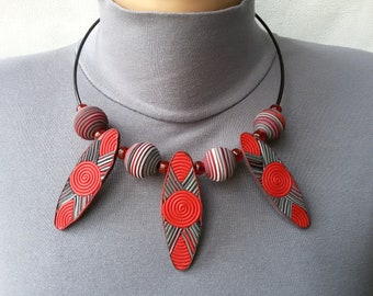 red gray jewelry large beads choker necklace short statement light necklace polymer clay modern unusual oval beads Jewelry every day woman