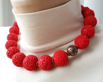 red beads necklace imitation lava stone polymer clay tactile bright jewelry big beads different  sizes for girls and women cute gift