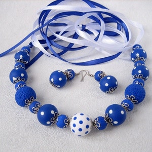 White blue Polka Dots Beaded Necklace Earrings Set jewelry Elegant gift Women blue Polka Dots Jewelry Polymer Statement Necklace gift her image 2