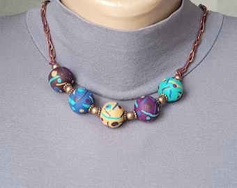 Purple statement multicolor bead necklace for women Colorful  chunky jewelry Watercolor beads necklace Bright violet turquoise bead polymer