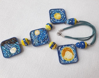 van gogh starry night jewelry polymer clay yellow blue art necklace unusual gift starry night necklace gift woman fashion necklace unusual