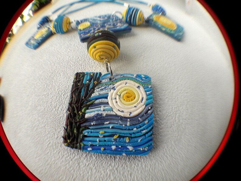 Van Gogh Starry Night Jewelry Polymer Clay Yellow Blue Art Necklace