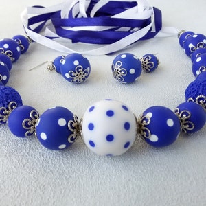 White blue Polka Dots Beaded Necklace Earrings Set jewelry Elegant gift Women blue Polka Dots Jewelry Polymer Statement Necklace gift her image 1