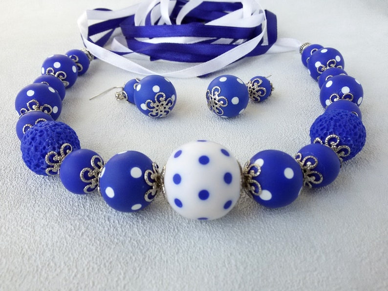 White blue Polka Dots Beaded Necklace Earrings Set jewelry Elegant gift Women blue Polka Dots Jewelry Polymer Statement Necklace gift her image 1