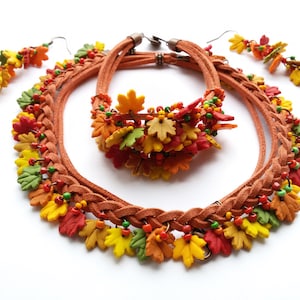 Fall leaf jewelry Charm bracelet Dangle earrings bib necklace Maple leaf autumn set polymer clay jewelry leaves yellow cute fall gifts women