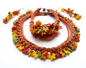 Fall leaf jewelry Charm bracelet Dangle earrings bib necklace Maple leaf autumn set polymer clay jewelry leaves yellow cute fall gifts women