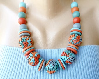 bead necklace orange women fashion mosaic chunky jewelry gray statement large  mosaic beads polymer clay necklace colorful beaded necklace