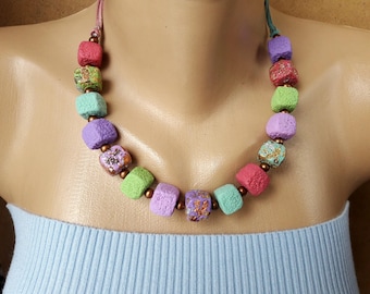 Colorful necklace women Summer gift idea girl jewelry Pastel cubes beads necklace Sweet Marshmallow necklace birthday gift Clay jewelry
