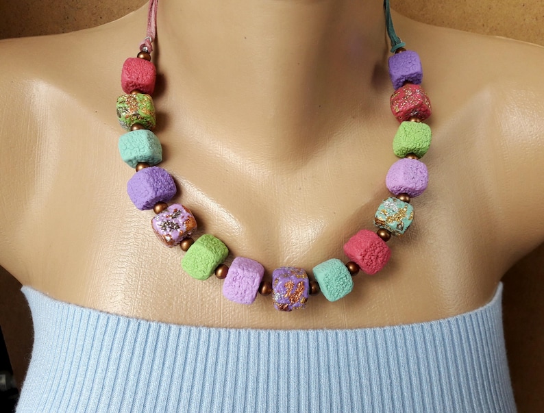 Colorful necklace women Summer gift idea girl jewelry Pastel cubes beads necklace Sweet Marshmallow necklace birthday gift Clay jewelry image 1