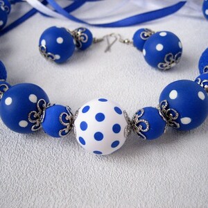 White blue Polka Dots Beaded Necklace Earrings Set jewelry Elegant gift Women blue Polka Dots Jewelry Polymer Statement Necklace gift her image 3