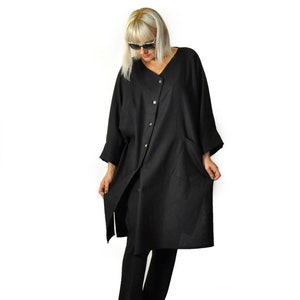 Black Linen Tunic with Buttons - Maxi Linen Shirt, Plus Size Clothing, Black Summer Shirt, Long Women Tunic, Linen Clothing, Loose Tunic Top