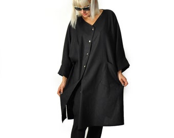 Black Linen Tunic with Buttons - Maxi Linen Shirt, Plus Size Clothing, Black Summer Shirt, Long Women Tunic, Linen Clothing, Loose Tunic Top