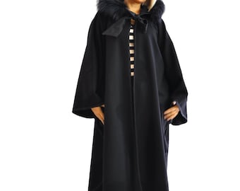 Black Wool Cape with Hood and Real Fox Fur, Handmade Kimono Style Cloak, Fall Elegant Outerwear, Plus Size Cape, Winter Coat