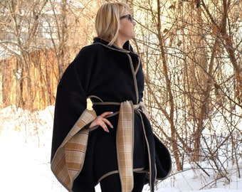 Handmade Wool Cape Coat, Winter Belted Cloak, Plus Size