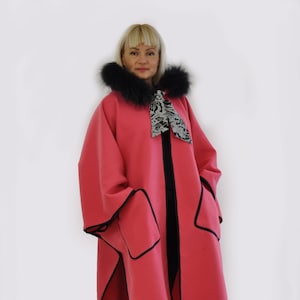 Wool Cape, Hooded Cape, Red Coat, Winter Coat, Plus Size Clothing, Maxi Coat, Long Coat, Japanese Clothing, Fur Coat, Warm Cape, Kimono Coat