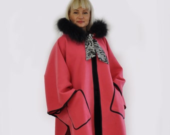Wool Cape, Hooded Cape, Red Coat, Winter Coat, Plus Size Clothing, Maxi Coat, Long Coat, Japanese Clothing, Fur Coat, Warm Cape, Kimono Coat