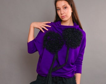 Purple Blouse With Black Tulle Flowers, Blouse For Women, Plus Size Clothing, Spring Blouse, Purple Clothing, Oversize Blouse, Knit Blouse