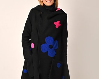 Abrigo de invierno negro con capucha, abrigo de lana merino, abrigo de lana negro, abrigo de lana de invierno, abrigo con capucha, abrigo largo cálido, ropa de mujer, chaqueta urbana