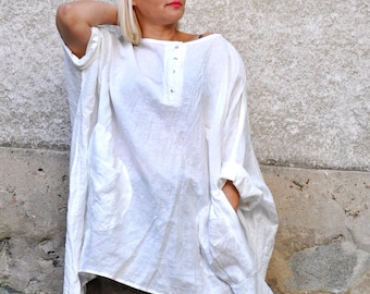 White Linen Tunic, Plus Size Clothing, Linen Clothing, Tunic Women, Oversized Tunic, White Tunic, Loose Linen Shirt, Asymmetric Tunic