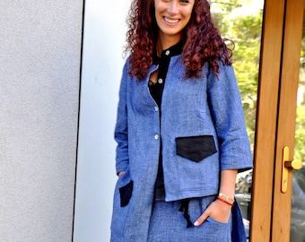 Blue Linen Long Sleeve Shirt, Women’s Asymmetrical Top, Handmade Clothing