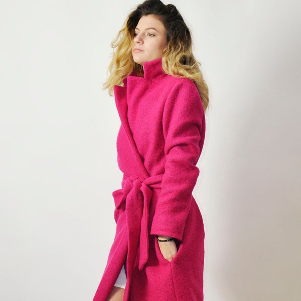 Pink Wool Coat, Women Overcoat, Fuscia Coat, Winter Long Coat, Lady Coat, Belted Wool Coat, Plus Size Clothing, Maxi Winter Coat,Trench Coat