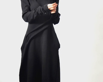 Handmade Black Wool Knit Hooded Tunic Dress, Plus Size Maxi with Pockets