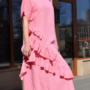 Pink Linen Dress, Loose Extravagant Dress, Asymmetric Dress, Linen Maxi Kaftan, Plus Size Dress, Ruffle Dress, Maxi Dress Woman, Shift Dress image 3