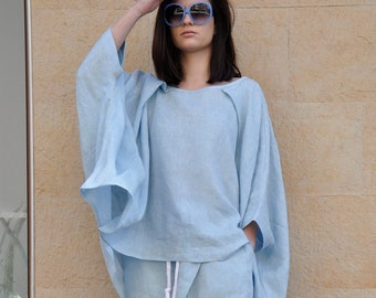 Long Linen Tunic in Light Blue, Loose Summer Top, Plus Size Tunic, Oversized Asymmetric Linen Top, Batwing Sleeves Tunic, Maxi Linen Top