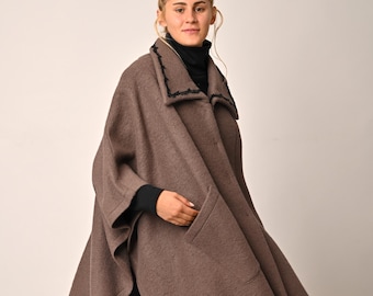 Wool Cape Coat, Cozy Oversized Winter Coat, Plus Size Clothing, Everyday Cold Weather Outerwear for Women, Brown Coat, Wool Brown Cape Coat