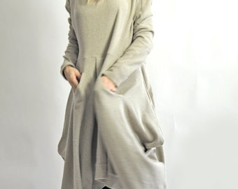 Wool Asymmetric Dress, Beige Maxi Dress, Long Wool Dress, Plus Size Clothing, Winter Tunic, Long Sleeve Dress With Pockets,Comfy Loose Dress