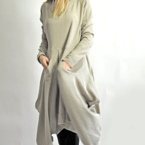 Wool Asymmetric Dress, Beige Maxi Dress, Long Wool Dress, Plus Size Clothing, Winter Tunic, Long Sleeve Dress With Pockets,Comfy Loose Dress