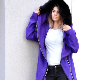 Purple Wool Coat, Fur Coat, Long Winter Coats Womens, Hooded Coat, Plus Size Coat, Zipper Coat, Women's Blazer, Women's Fleece Jacket,