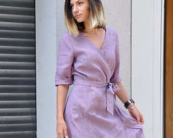 Purple Linen Dress, Linen Wrap Dress, Summer Linen Dress, Linen Robe Dress, Linen Clothing, Plus Size Linen Dress, Bridesmaid Dress,  Gabyga