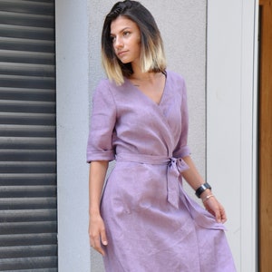 Purple Linen Dress, Linen Wrap Dress, Summer Linen Dress, Linen Robe Dress, Linen Clothing, Plus Size Linen Dress, Bridesmaid Dress,  Gabyga