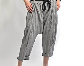 Gray Linen Harem Pants, Drop Crotch Baggy Trousers, Summer Casual Wear