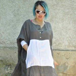 Color Block Linen Tunic, Plus Size Clothing, Summer Long Top, Linen Clothing, Loose Maxi Tunic, Asymmetric Tunic Dress, Extravagant Tunic