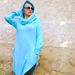 Turquoise Wool Tunic with Cowl Neck, Long Asymmetric Pullover with Pockets, Soft Thin Wool Boho Top, Wool Maxi Tunic, Fall Winter Tunic