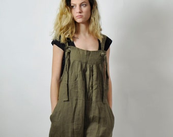 Linen Dungarees, Military Green Jumpsuit, Linen Overalls, Dungarees Harem, Wide Leg Jumpsuit, Loose Overalls, Apron Jumpsuit, Maxi Jumpsuit